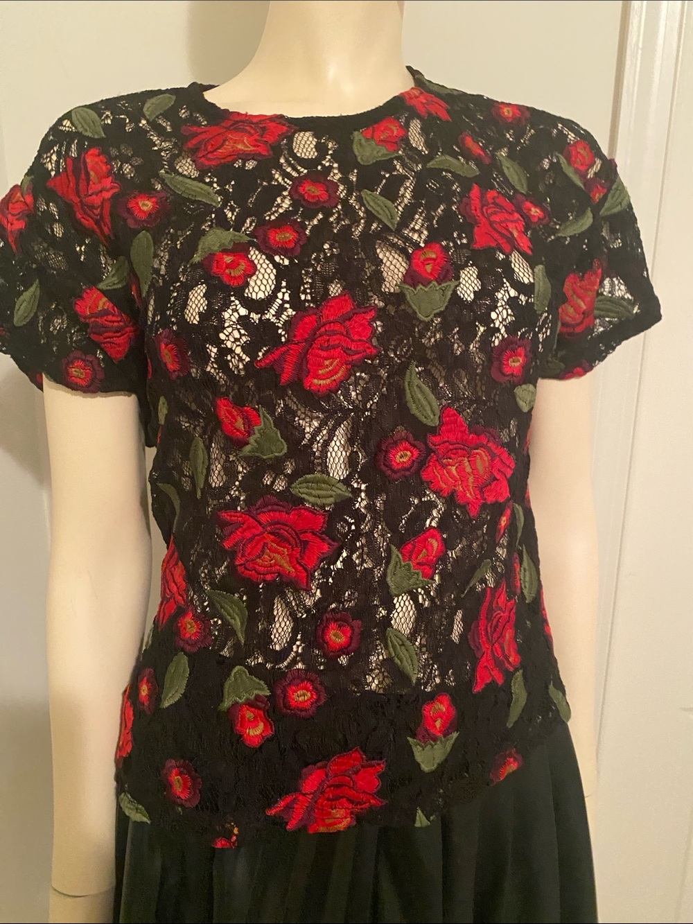 Who What Wear Black Lace Blouse with Red Rose Embroidery